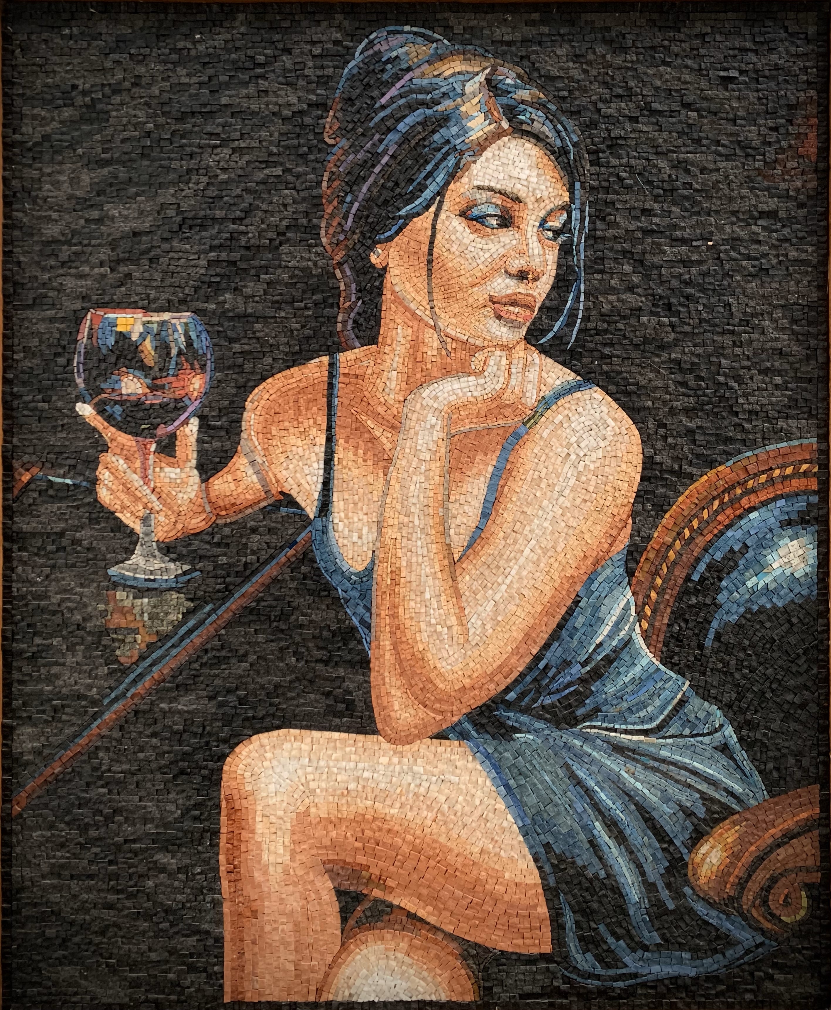 The girl in the blue dress mosaic panel made of natural mosaic marble