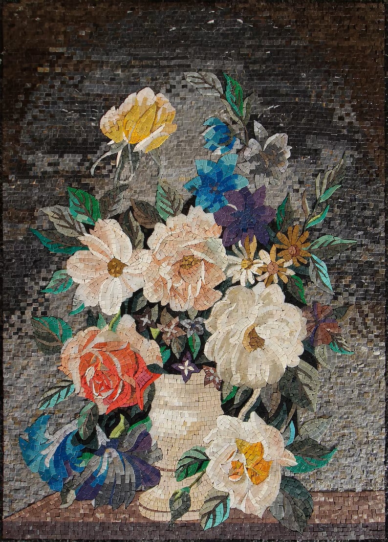 Colorful rose jar mosaic panel made of natural mosaic marble